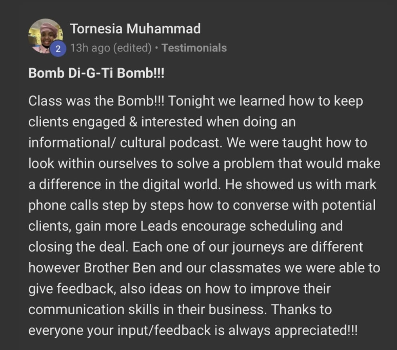 Tornesia Muhammad testimonial